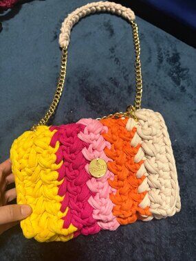 Handmade Macrame Crossbody Bag – Multicolor Striped (Cream/Yellow/Pink/Orange),